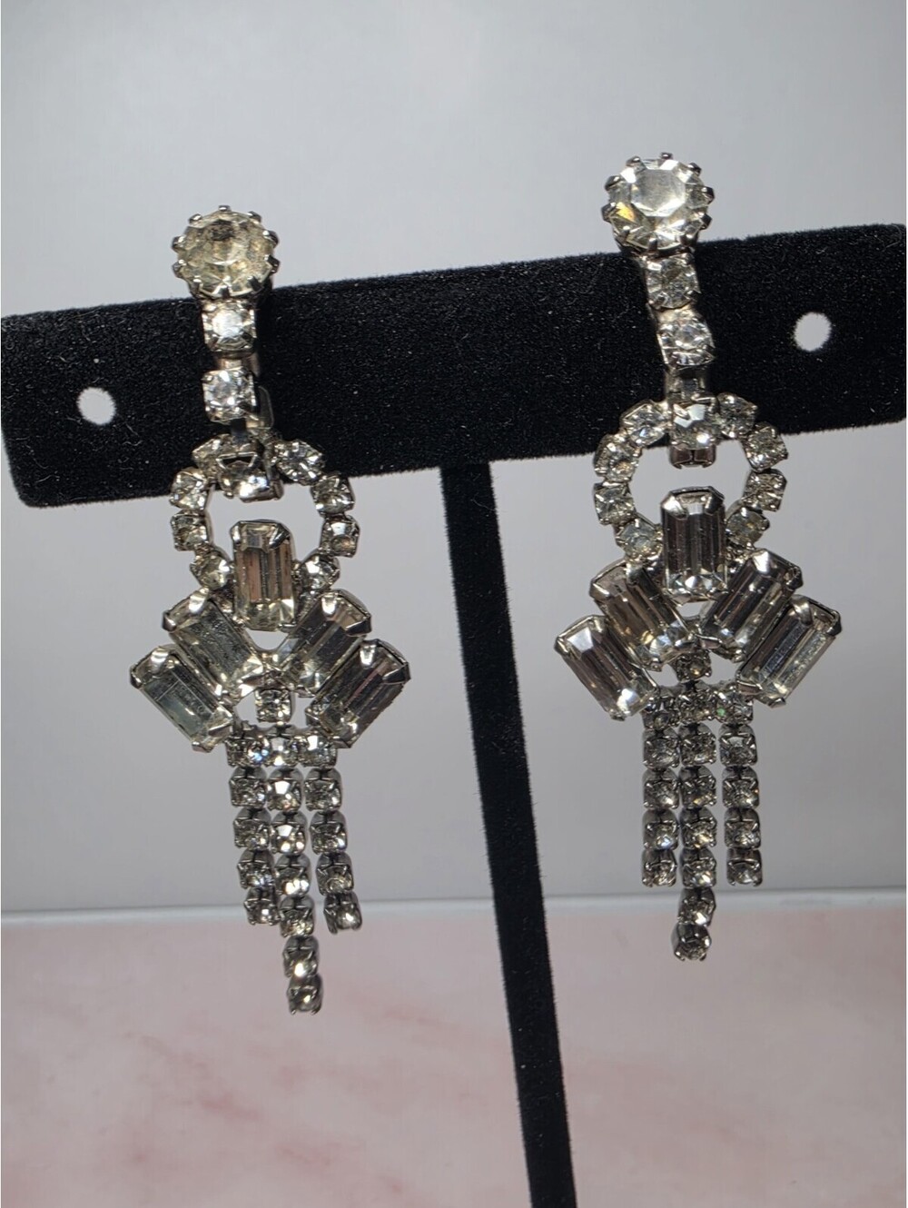 Vtg Art Deco Rhinestone Chandelier Dangle Earrings Clear Crystal Statement